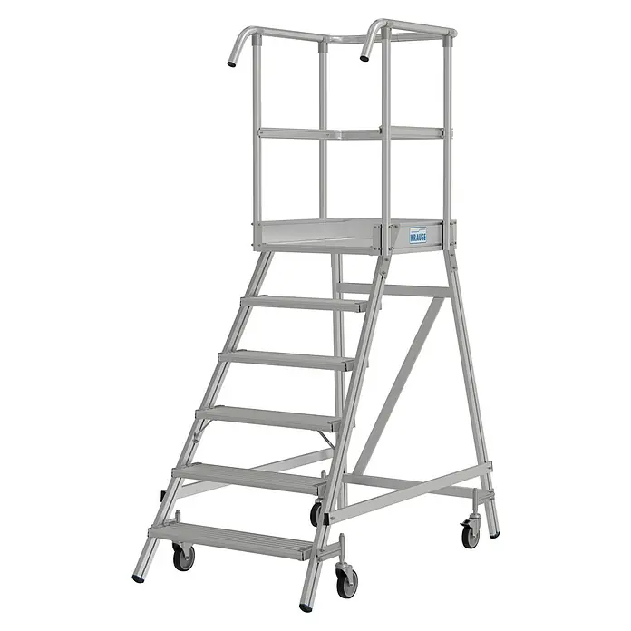 Krause Stabilo Podestleiter - Arbeitshöhe: 3,45 m, Anzahl Tritte: 6 Stk., Aluminium - Bild einer fahrbaren Arbeitsbühne von Krause mit Handlauf und Stufen. Die Leiter hat Rollen für einfachen Transport.