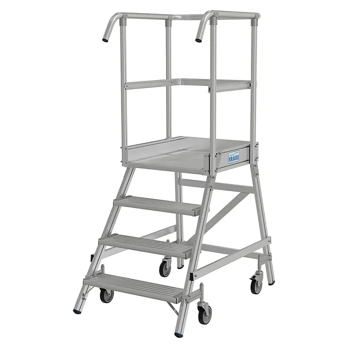 Krause Stabilo Podestleiter - Arbeitshöhe: 3 m, Anzahl Tritte: 4 Stk., Aluminium - Hier ist eine stabile, rollbare Arbeitsbühne von Krause, ideal für sichere Arbeiten in der Höhe. Die Plattform bietet viel Platz und Halt.
