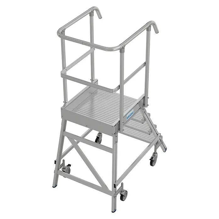 Krause Stabilo Podestleiter - Arbeitshöhe: 3 m, Anzahl Tritte: 4 Stk., Aluminium - Das Bild zeigt eine fahrbare Arbeitsbühne von Krause, ideal für flexible Arbeiten in der Höhe. Sichere Plattform mit Geländer für komfortables Arbeiten.