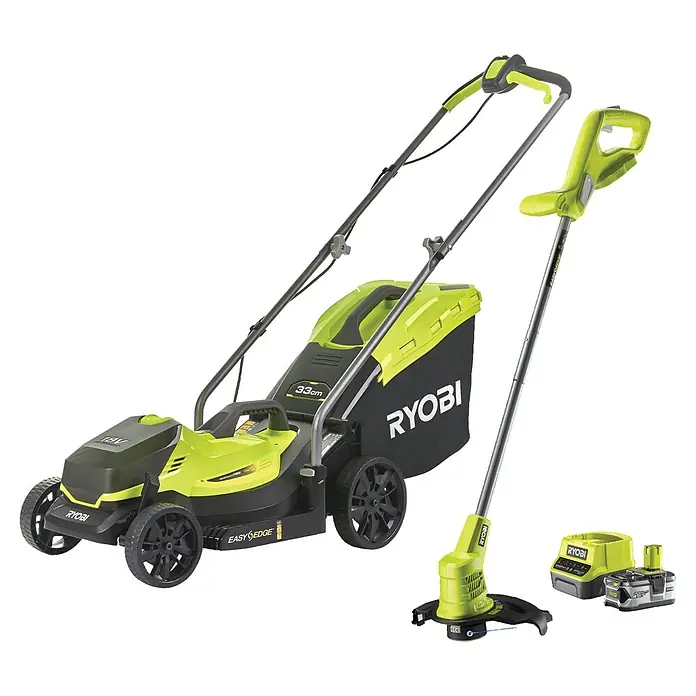 Ryobi ONE+ Akku-Rasenmäher-Set Kombo-Kit RLM1833BLT1825M mit Akku-Rasentrimmer - 1 Akku, 4 Ah - Das Bild zeigt einen Rasenmäher und einen Trimmer von Ryobi, beides Gartengeräte in grüner und schwarzer Farbe.