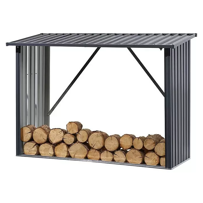 Floraworld Kaminholzregal XL - 217 x 89 x 154 cm, Anthrazit - Graues Metall-Holzlager mit Wellblechdach und Seitenwänden, gefüllt mit gestapeltem Brennholz.