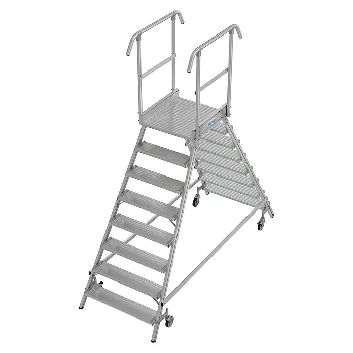 Krause Stabilo Podestleiter - Arbeitshöhe: 3,95 m, Anzahl Tritte: 16 Stk., Aluminium - Bild einer fahrbaren Krause Treppe mit Handlauf. Die Treppe ist aus Aluminium gefertigt und hat eine Plattform mit Geländer.