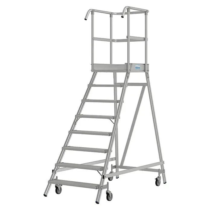 Krause Stabilo Podestleiter - Arbeitshöhe: 3,95 m, Anzahl Tritte: 8 Stk., Aluminium - Krause Fahrgerüst mit sieben Stufen und Rollen. Die robuste Konstruktion bietet sicheren Halt bei Arbeiten in der Höhe.