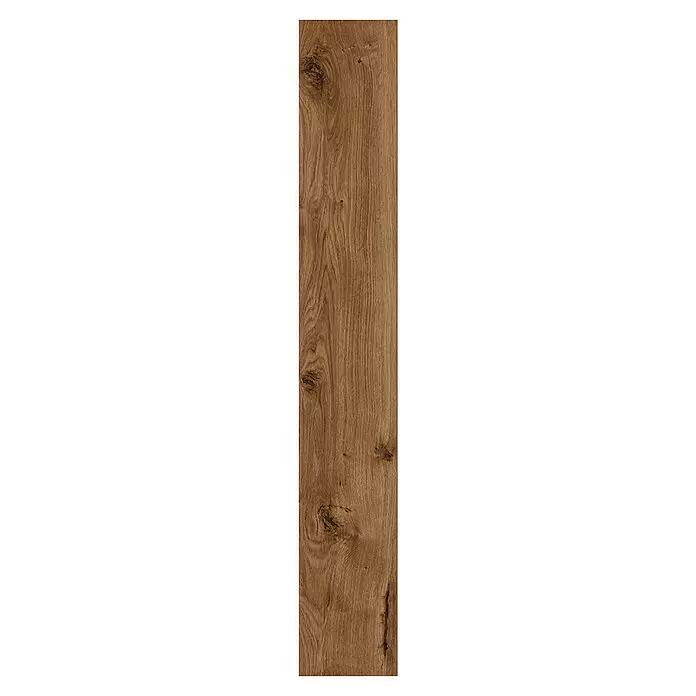 Classen Laminat 831-4 - Oak Rustic dark, Landhausdiele, 1.286 x 194 x 8 mm - Langes, mittelbraunes Holzbrett mit sichtbarer Maserung und Ästen, geeignet für Böden oder Verkleidungen.