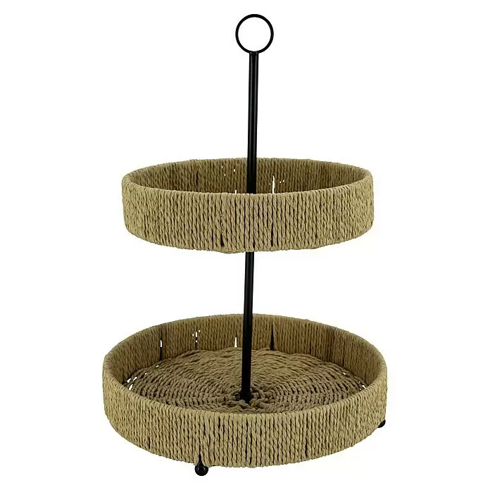 Etagere - Ø x H: 30 x 45 cm, Papiergeflecht - Zweistufiger brauner, gewebter Dekoständer mit schwarzem Metallstab.