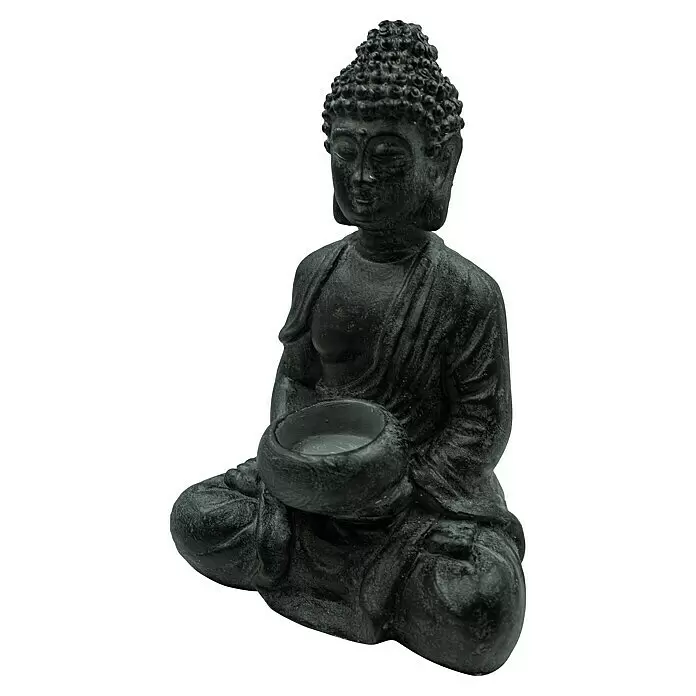 Buddha - 19 x 13 x 28 cm, Schwarz - Schwarze, texturierte Buddha-Statue mit einer Schale.