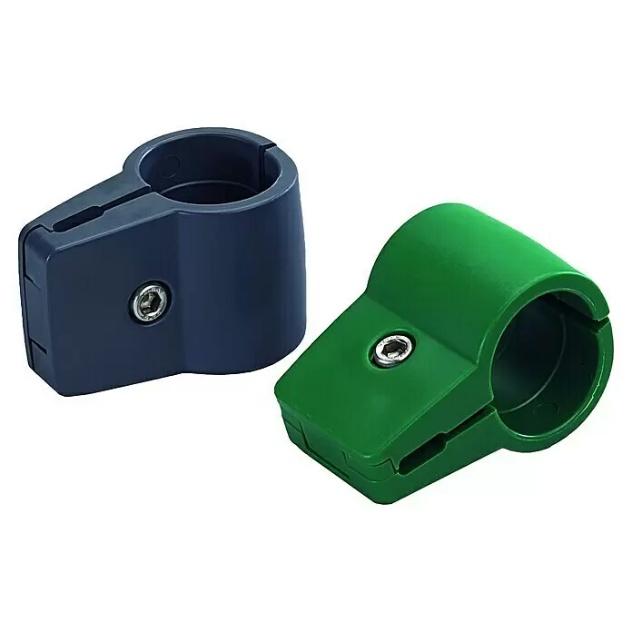 T & J Zaunschelle Strong - Durchmesser: 60 mm, Anthrazit, 1-fach - Zwei Kunststoff-Rohrschellen, eine dunkelblau und eine grün, mit Innensechskantschrauben.