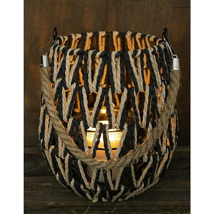 Windlicht - Ø x H: 21 x 21 cm, Natur/Schwarz - Rustikale Laterne mit Seilgriffen und Kerze im Inneren, ideal für eine gemütliche Atmosphäre.