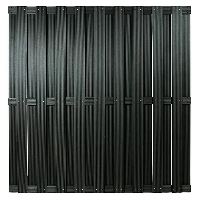 T & J Sichtschutzelement Shanghai - 180 x 180 cm, Anthrazit - Dunkelgraues Komposit-Zaunfeld mit vertikalen Latten und horizontalen Querriegeln.
