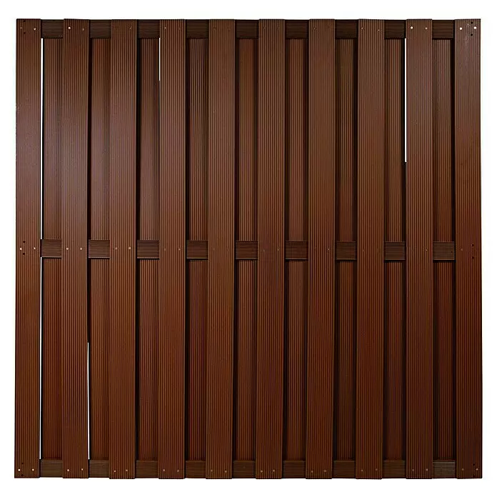 T & J Sichtschutzelement Shanghai - 180 x 180 cm, Braun - Braunes Zaunfeld mit vertikal geriffelten Latten und Querstreben für Sichtschutz.
