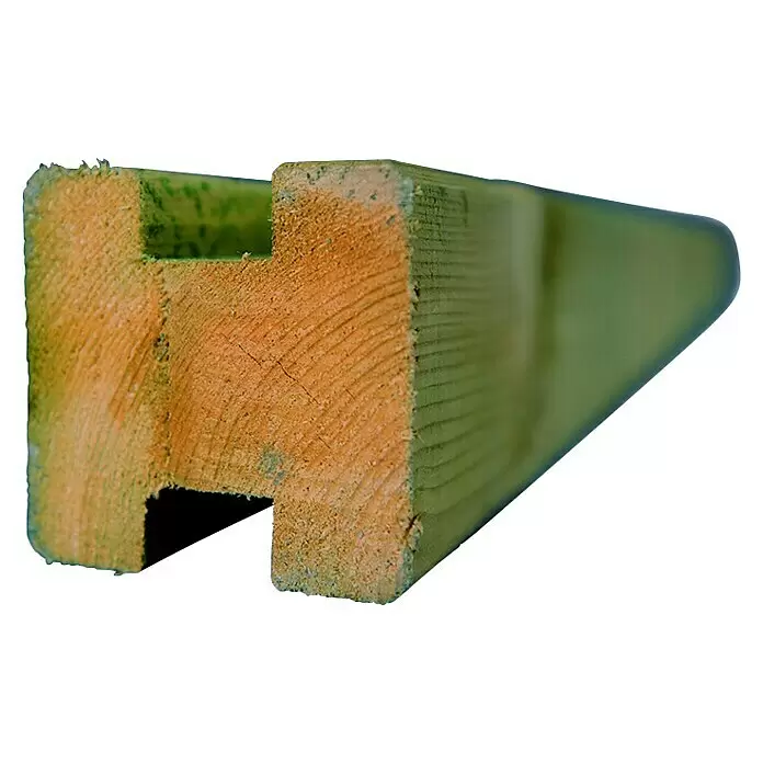 T & J Zaunpfosten Trelleborg - 9 x 9 x 210 cm, Kiefer/Fichte, Zwischenpfosten - Grün imprägnierter genuteter Holz-Zaunpfosten, zeigt Hirnholz und Profil.