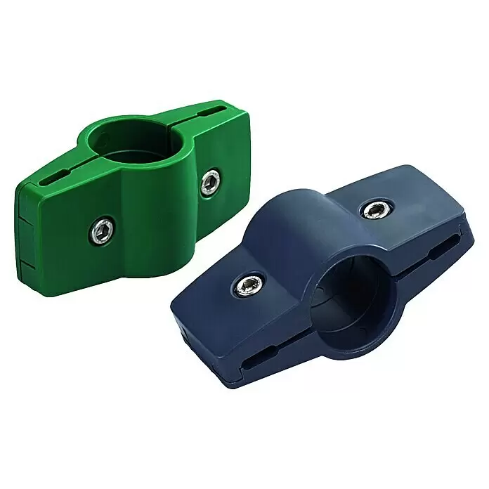 T & J Zaunschelle Strong - Durchmesser: 34 mm, Grün, 2-fach - Zwei Kunststoffklemmen, eine grün, eine dunkelblau, mit Innensechskantschrauben zur Befestigung von Rohren.