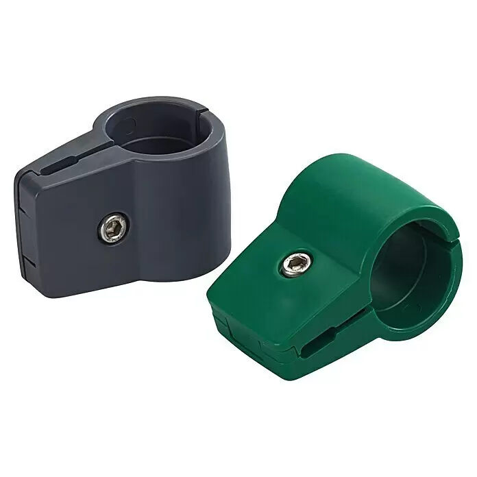 T & J Zaunschelle Strong - Durchmesser: 34 mm, 1-fach - Zwei Kunststoff-Rohrklemmen, eine dunkelgrau und eine grün, jeweils mit einer Sechskantschraube zur Befestigung.