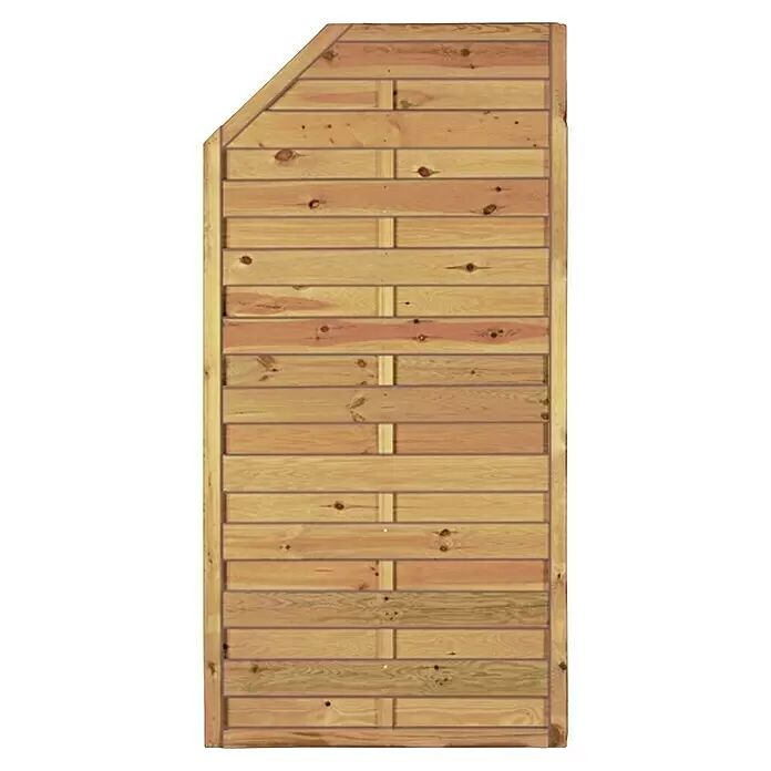 T & J Sichtschutzelement Maxi Massiv - 90 x 150/180 cm, Holz, Braun - Sichtschutzelement aus Holz mit horizontalen Latten und schräger Oberkante links.