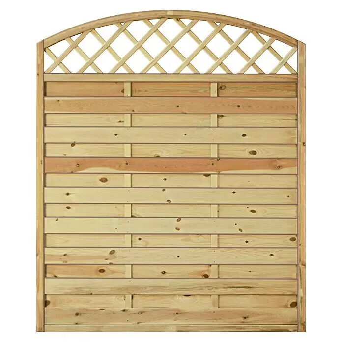 T & J Sichtschutzelement Maxi Bogen - 150 x 180 cm, Holz, Braun - Heller Holzzaun mit gebogenem Rankgitter oben und horizontalen Latten.