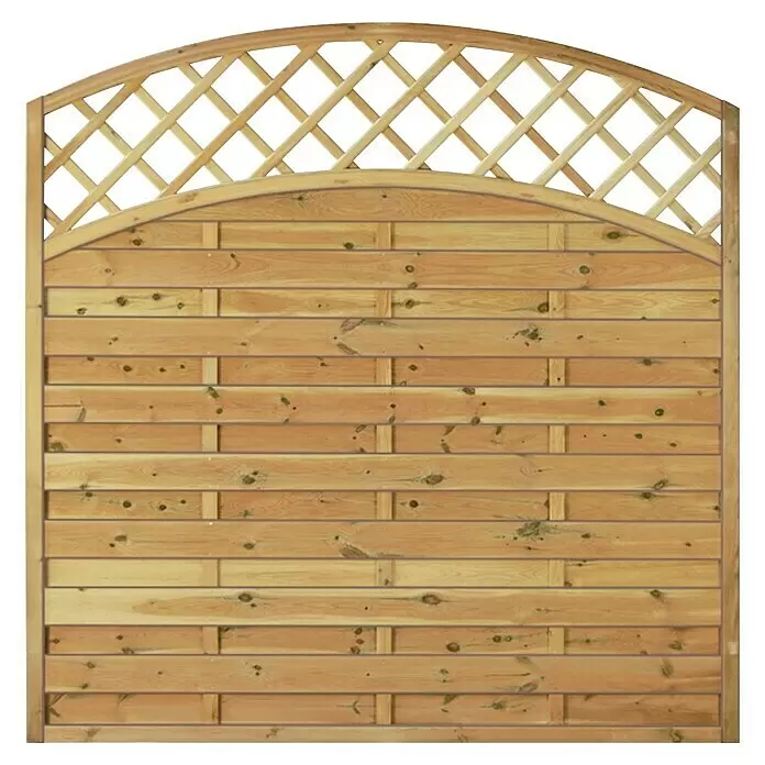 T & J Sichtschutzelement Maxi Doppelbogen Hoch - 180 x 180 cm, Holz, Braun - Helles Holzzaunelement mit horizontalen Lamellen und gewölbtem Gitteraufsatz.
