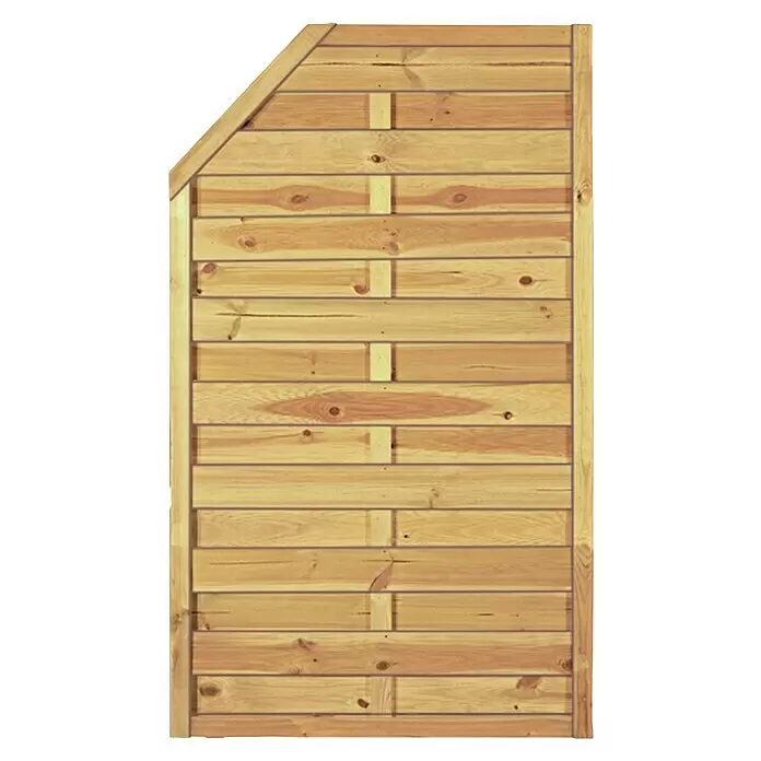 T & J Sichtschutzelement Maxi Massiv - 90 x 150/120, Holz, Braun - Helles Holzpanel mit horizontalen Brettern und diagonaler oberer linker Kante.