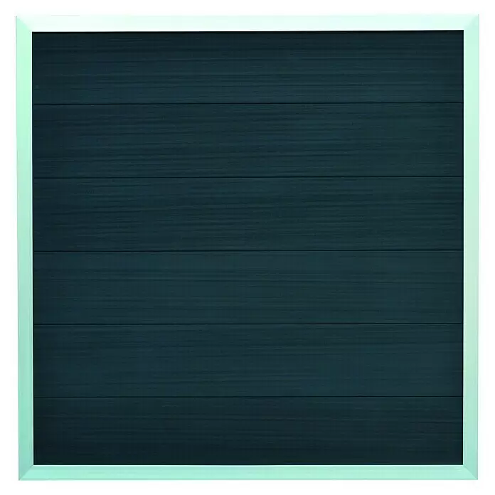 T & J Sichtschutzelement Malö - 180 x 180 cm, Aluminium, Anthrazit - Dunkelgraue Platte mit horizontalen Holzimitat-Planken, umrandet von einem hellen Rahmen.