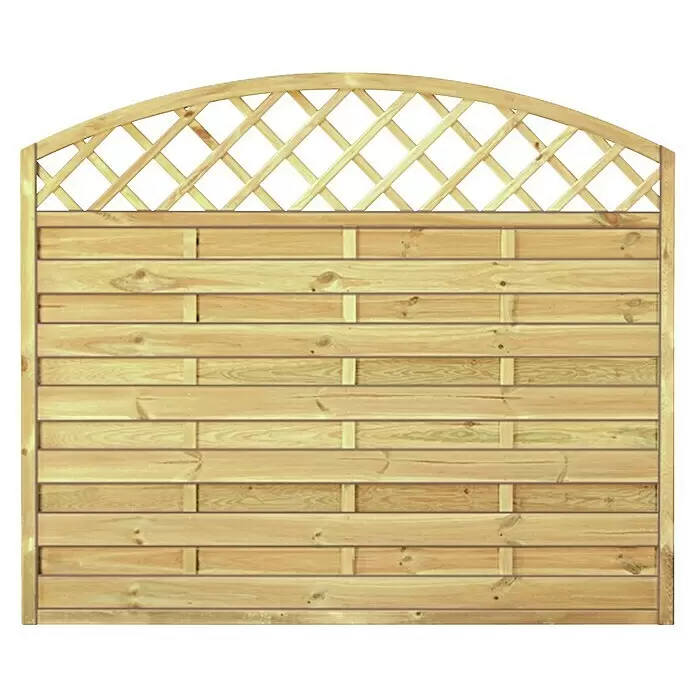 T & J Sichtschutzelement Maxi Bogen - 180 x 150 cm, Holz, Braun - Hellholz-Zaunpaneel mit horizontalen Brettern und gewölbtem Rankgitter oben.