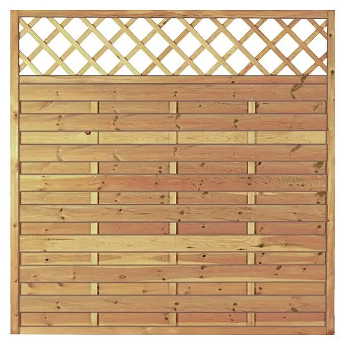 T & J Sichtschutzelement Maxi Massiv - 180 x 180 cm, Holz, Mit Ornament-Gitter, KDI Grün - Heller Holzzaun mit dekorativem Rankgitter-Oberteil.
