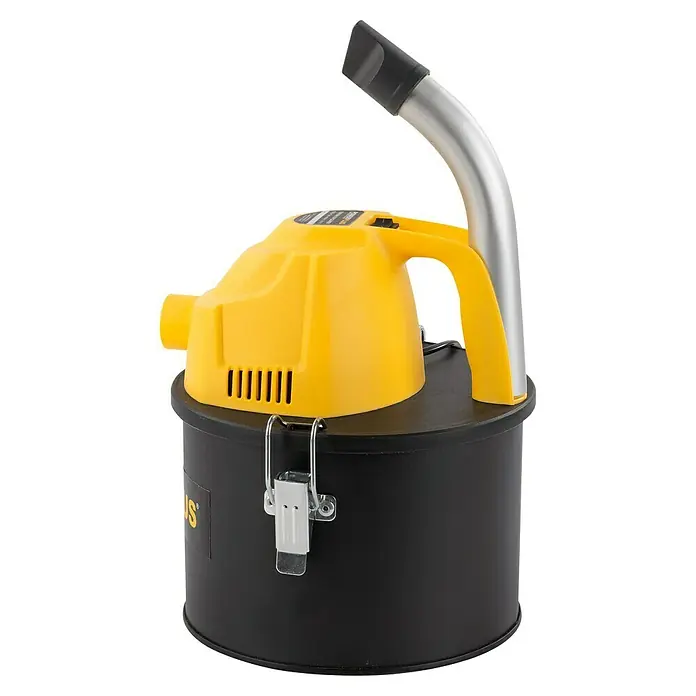 PowerPlus Aspirador de cenizas eléctrico POWX3004 - 600 W, Volumen de recipiente: 4 l, Sin bolsa - Imagen de una aspiradora amarilla y negra con una manguera plateada sobre un fondo negro.