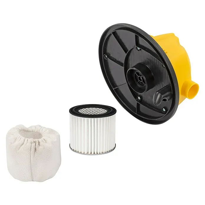 PowerPlus Aspirador de cenizas eléctrico POWX3004 - 600 W, Volumen de recipiente: 4 l, Sin bolsa - La imagen muestra los componentes de una aspiradora: una carcasa amarilla, un filtro de papel y una bolsa de tela.