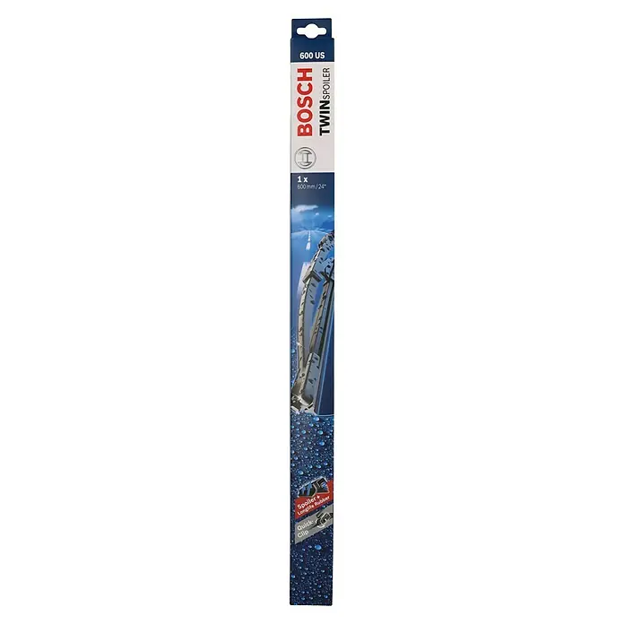 Bosch Scheibenwischer TWIN - 600 US, Anzahl: 1 Stk. - Abbildung einer Bosch Twin Spoiler Scheibenwischerverpackung (600 mm/24 Zoll) mit dem Hinweis auf Spoiler und Longlife Gummi und Quick-Clip Funktion.