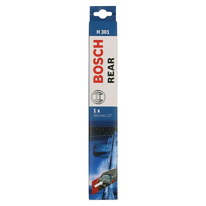 Bosch Heck-Scheibenwischer - H 301, Anzahl: 1 Stk. - Verpackung eines Bosch H 301 Heckscheibenwischers mit der Aufschrift "REAR" und der Größe 300 mm/12".