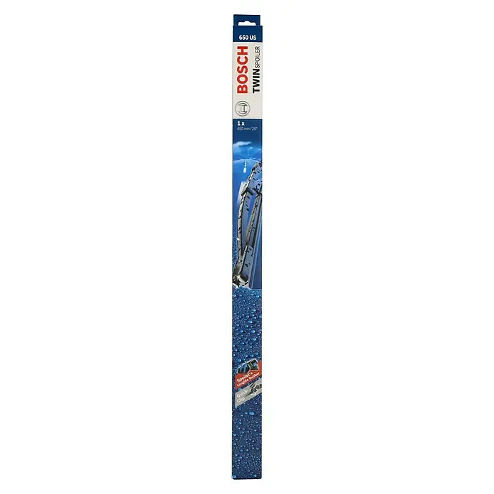 Bosch Scheibenwischer TWIN - 650 US, Anzahl: 1 Stk. - Das Bild zeigt eine Bosch Twin Spoiler 650 US Wischerblatt-Verpackung, die ein klares Design mit Produktinformationen und Wasserdropfenmuster aufweist.