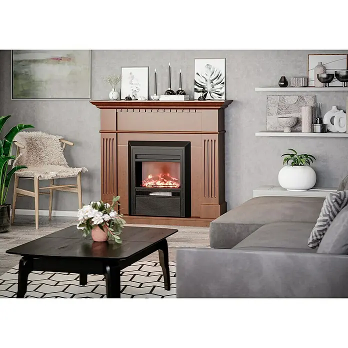 Voltomat HEATING Elektrischer Kamin - 2.000 W, Braun/Schwarz, 26 x 109 x 110 cm - Nahaufnahme eines elektronischen Kamins mit lebensechtem Flammenspiel, der eine warme Atmosphäre in einem modern gestalteten Wohnraum erzeugt.