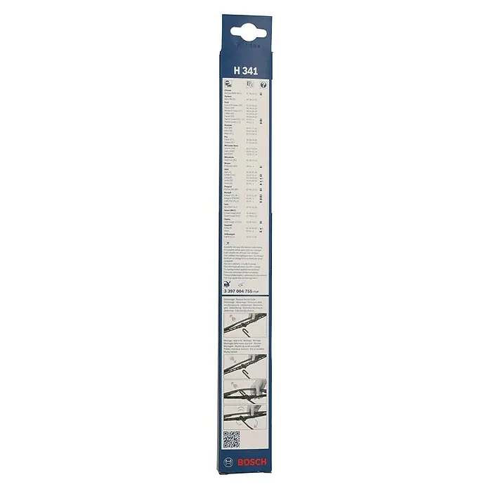 Bosch Heck-Scheibenwischer - H 341, Anzahl: 1 Stk. - Abbildung der Verpackung eines Bosch H 341 Scheibenwischers, die eine Liste kompatibler Fahrzeugmodelle und Montageanleitungen enthält.