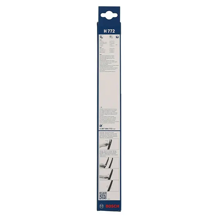 Bosch Heck-Scheibenwischer - H 772, Anzahl: 1 Stk. - Bosch H 772 Scheibenwischerverpackung mit Anwendungsliste, Montagehinweisen und QR-Code für weitere Infos online.