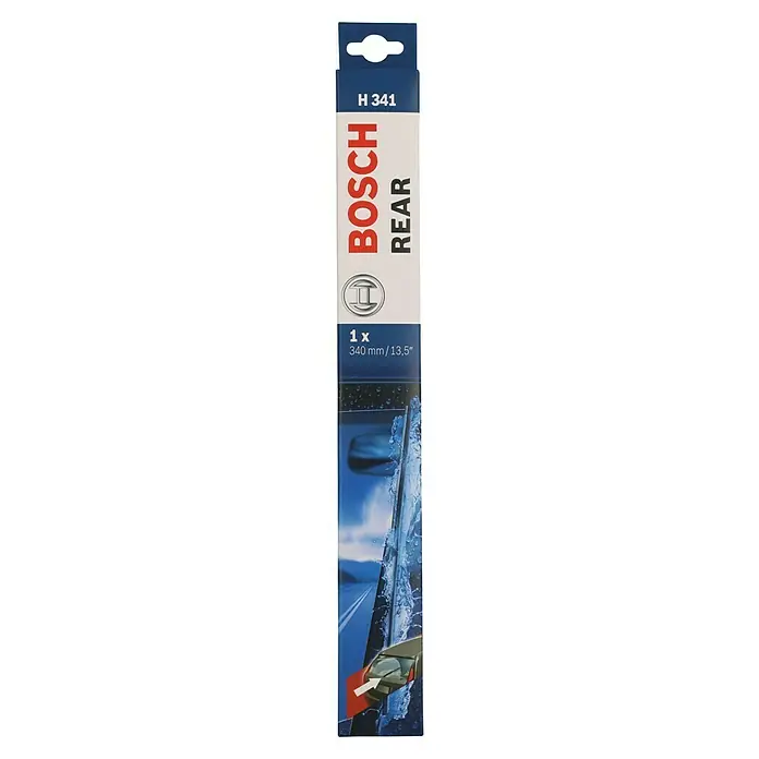 Bosch Heck-Scheibenwischer - H 341, Anzahl: 1 Stk. - Produktverpackung eines Bosch H 341 Heckscheibenwischers, 340 mm/13,5 Zoll, mit blauem Hintergrund und Abbildung eines Autos.