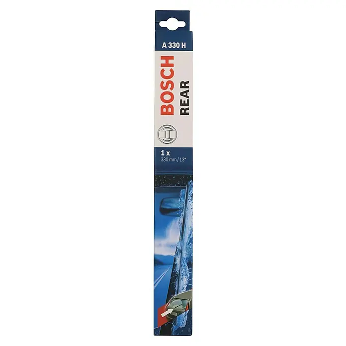 Bosch Heck-Scheibenwischer - A 330 H, Anzahl: 1 Stk. - Produktbild einer Bosch A 330 H Heckscheibenwischerverpackung mit Produktdetails und Bild.