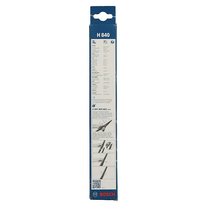 Bosch Heck-Scheibenwischer - H 840, Anzahl: 1 Stk. - Produktverpackung eines Bosch H 840 Scheibenwischers mit Anweisungen und Fahrzeugkompatibilitätsinformationen.
