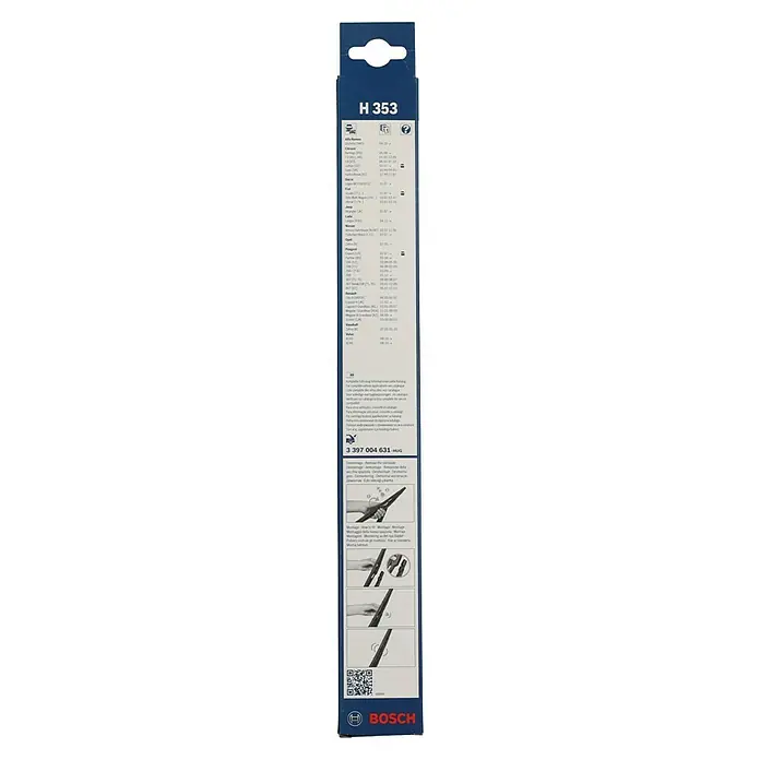 Bosch Heck-Scheibenwischer - H 353, Anzahl: 1 Stk. - Produktbild der Bosch H 353 Scheibenwischerverpackung mit Anwendungsliste und Montageanleitung.