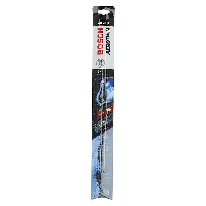 Bosch Scheibenwischer AEROTWIN - AR20U, Anzahl: 1 Stk. - Produktbild einer Bosch Aerotwin AR 20 U Scheibenwischerverpackung, die einen einzelnen 500mm/20" Wischer enthält.
