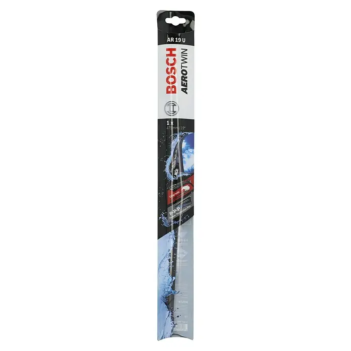 Bosch Scheibenwischer AEROTWIN - AR19U, Anzahl: 1 Stk. - Hier ist ein Bild der Bosch Aerotwin AR 19 U Scheibenwischerverpackung mit Produktdetails wie Größe und Marke.
