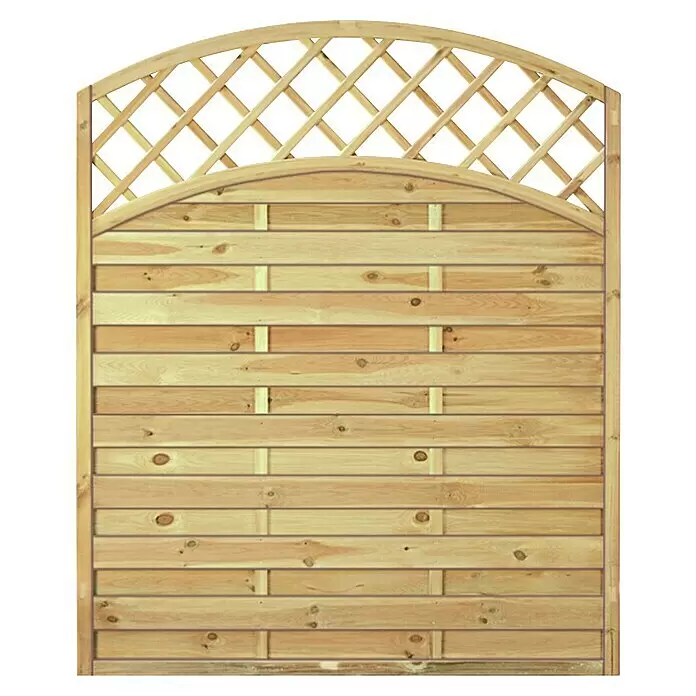 T & J Sichtschutzelement Maxi Doppelbogen Hoch - 150 x 180 cm, Holz, Braun - Heller Gartenzaun aus Holz mit gewölbtem Spalieraufsatz und horizontalen Latten.