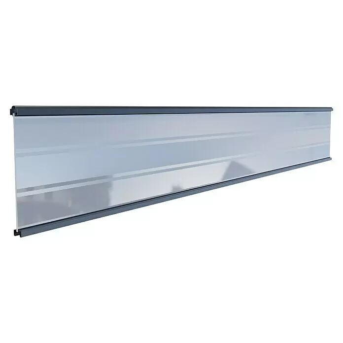 T & J Sichtschutzelement Tjörn - 1.793 x 206 mm, Aluminium, Transparent / Anthrazit - Milchglas-Sichtschutzwand mit Streifenmuster und dunkelgrauen Ober- und Unterprofilen.