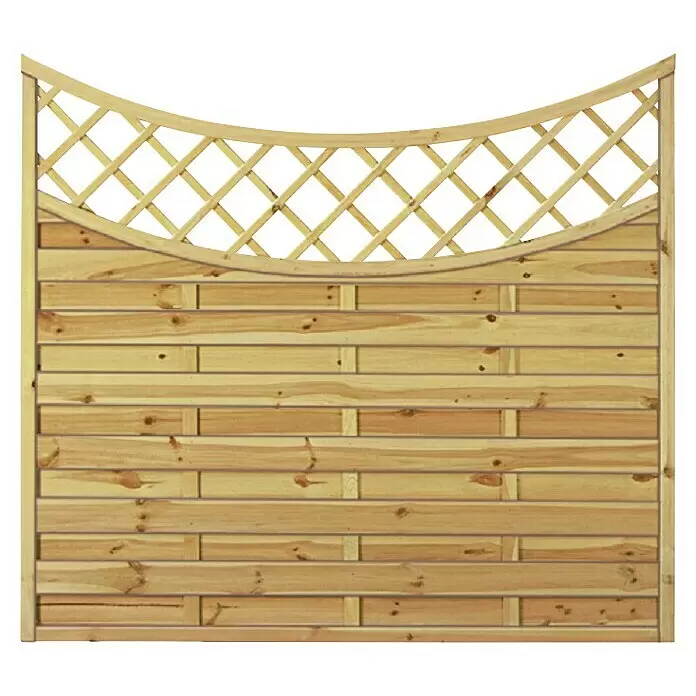 T & J Sichtschutzelement Maxi Doppelbogen Tief - 180 x 160 cm, Holz, Braun - Holz-Gartenzaunfeld mit horizontalen Latten und gewölbtem Rauten-Rankgitter.
