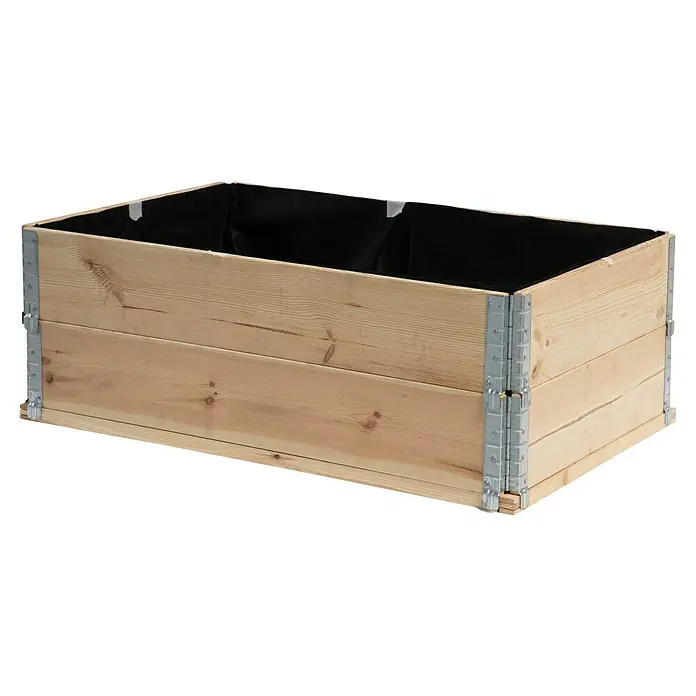Upyard Unkrautvlies - L x B: 120 x 80 cm, Passend für: Hochbeetumrandungen - Ein rechteckiges Hochbeet aus hellem Holz mit einer schwarzen Auskleidung und stabilen, silbernen Eckverbindungen.