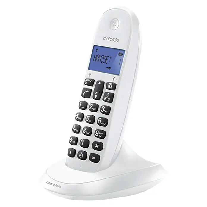 Motorola Teléfono inalámbrico C1001L - Mudo, Blanco - En la imagen se ve un teléfono Motorola blanco inalámbrico con teclado y pantalla. Ideal para el hogar o la oficina.