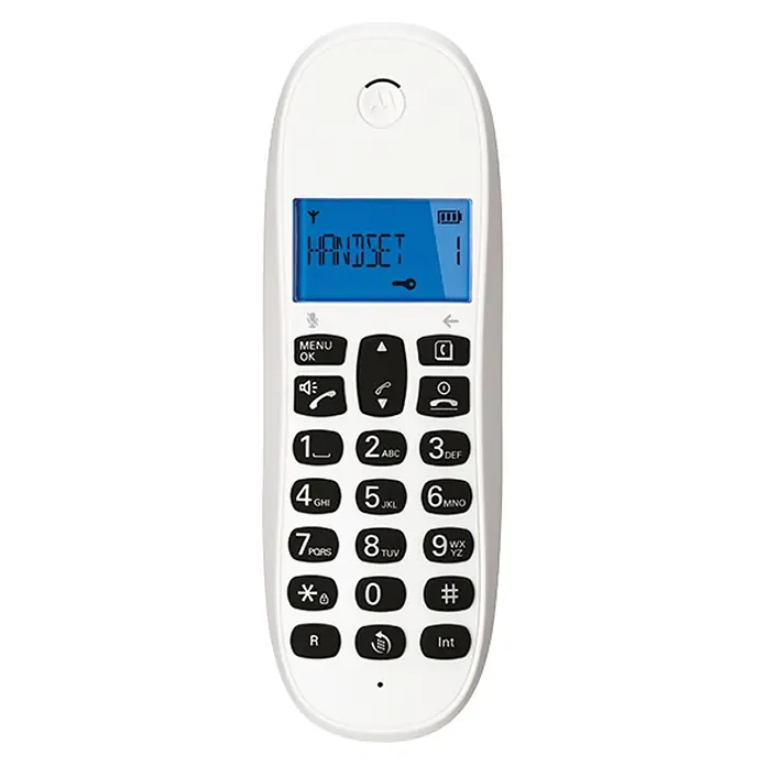 Motorola Teléfono inalámbrico C1001L - Mudo, Blanco - Primer plano de un teléfono inalámbrico Motorola blanco con teclado y pantalla azul.