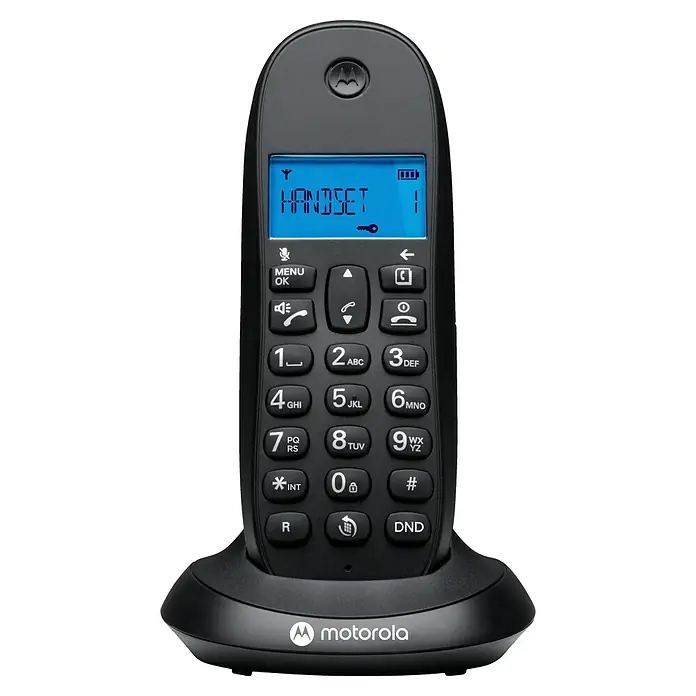 Motorola Teléfono inalámbrico C1001L - Rellamada, Negro - Teléfono inalámbrico negro Motorola con teclado y pantalla en una estación base, diseñado para uso doméstico.
