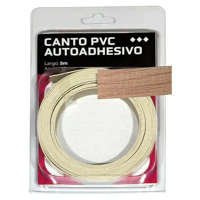 Canto de PVC autoadhesivo - Largo: 5 m, Sonoma - Un primer plano de Canto PVC Autoadhesivo, una cantonera de PVC autoadhesiva, envasada en un recipiente de plástico transparente.