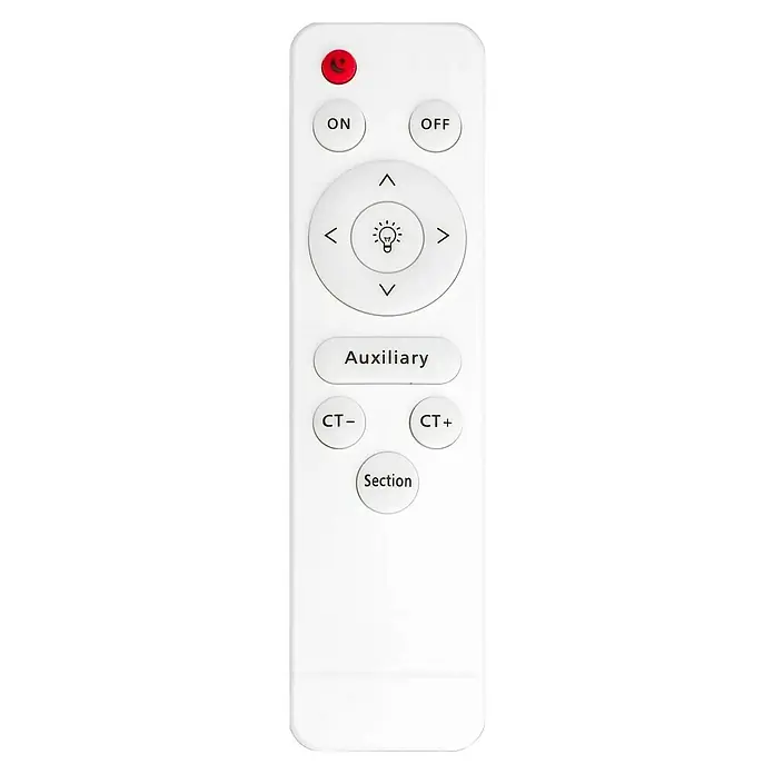 Panaled Katto Plafón LED - 30 W, An x L: 46 x 46 cm, Beige, Blanco frío - Imagen de un mando a distancia blanco para lámpara con varios botones para controlar la luz y el brillo, incluyendo una función de modo nocturno.