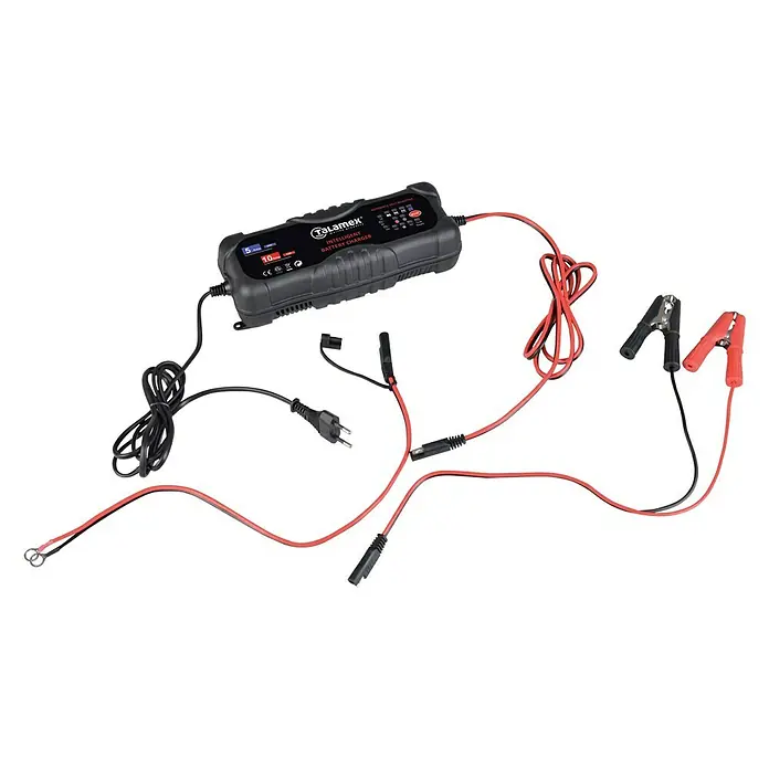 Talamex Batterie-Ladegerät - Ladestrom: 10 A, Geeignet für: Batterien mit 12/24 V Spannung - Intelligentes Batterieladegerät mit Krokodilklemmen und Ringösenanschluss zum Aufladen von Autobatterien.