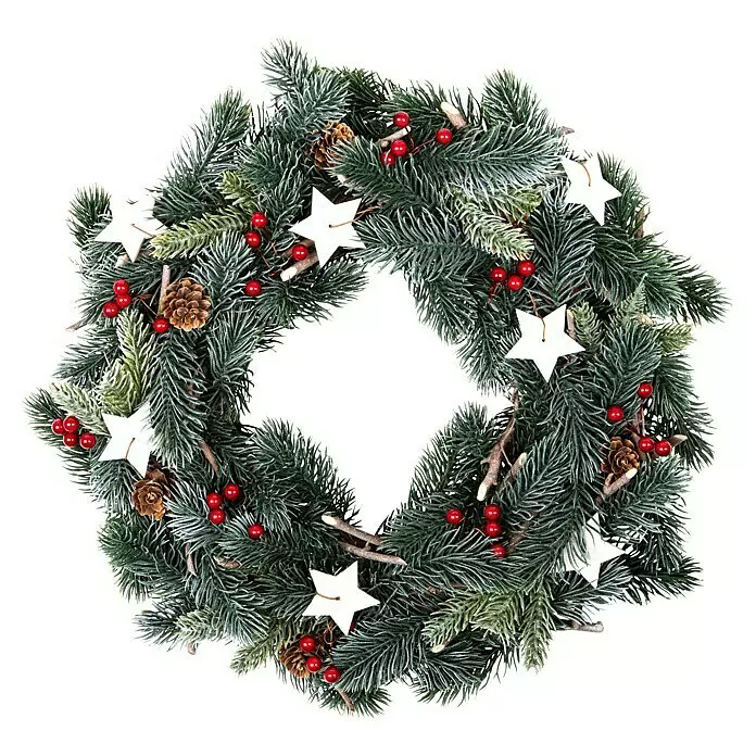 Türkranz - Grün/ Rot/ Weiß, Durchmesser: 35 cm, Kunststoff - Weihnachtskranz aus Tannenzweigen, roten Beeren, Tannenzapfen und weißen Sternornamenten.