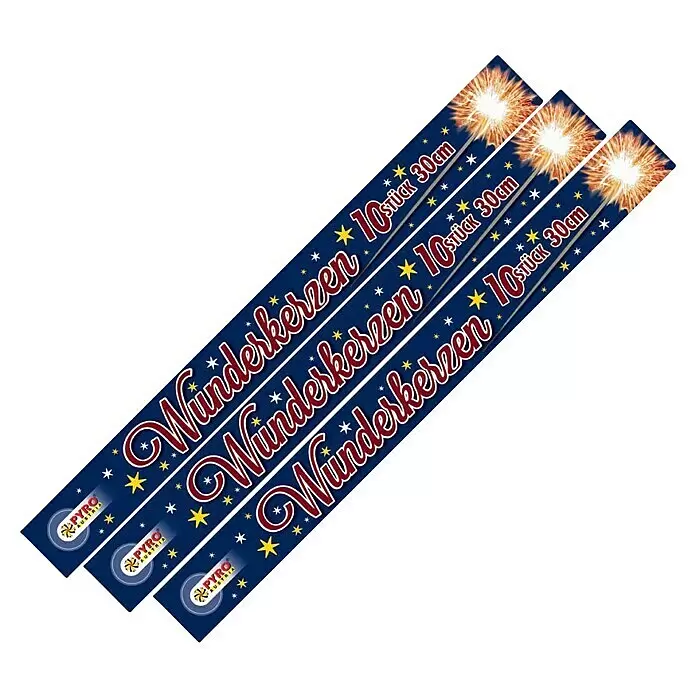 Christbaumkerze Wunderkerzen - 10 Stk., Länge: 30 cm - Drei dunkelblaue Packungen Wunderkerzen (10 Stück, 30cm) mit Sternen und "Pyro Austria" Logo, an den Enden funkelnd.